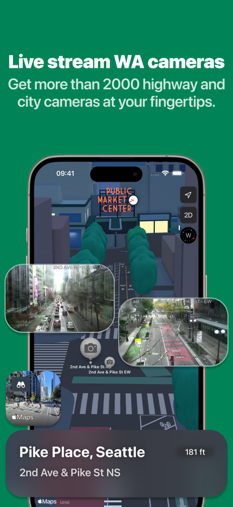 Feeds de câmeras de tráfego em tempo real exibidos em um mapa 3D de Seattle dentro do aplicativo Washington State Road Cameras.