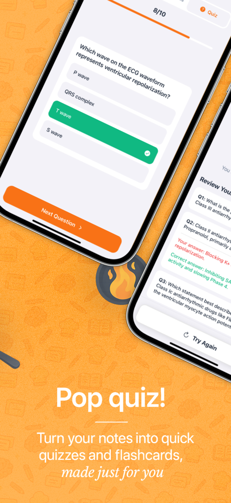Notecook: AI Note Taker - iPhone screen showing an AI generated medical pop quiz with multiple choice questions