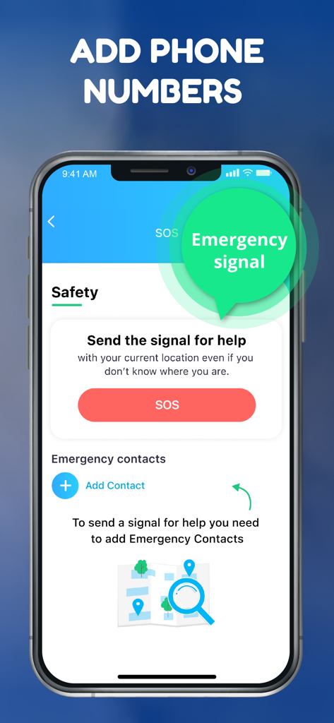 Spoten Phone Location Tracker - Spotenアプリの安全画面。緊急信号を送信するための大きな赤いSOSボタンが表示されています。