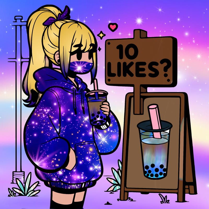 girl with oversized hoodie drinking boba and she has a high ponytail with a sign that says 10likes?
