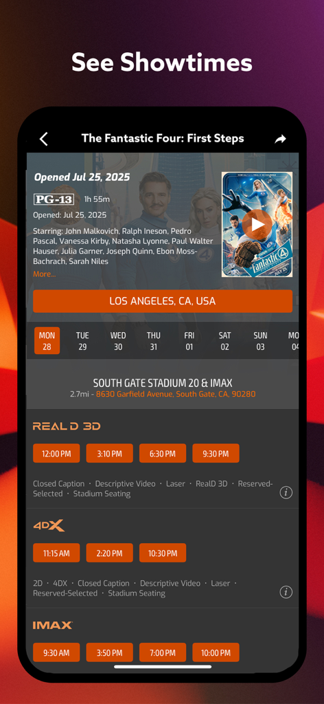 Interfaz de la app de Regal mostrando los horarios de "The Fantastic Four"