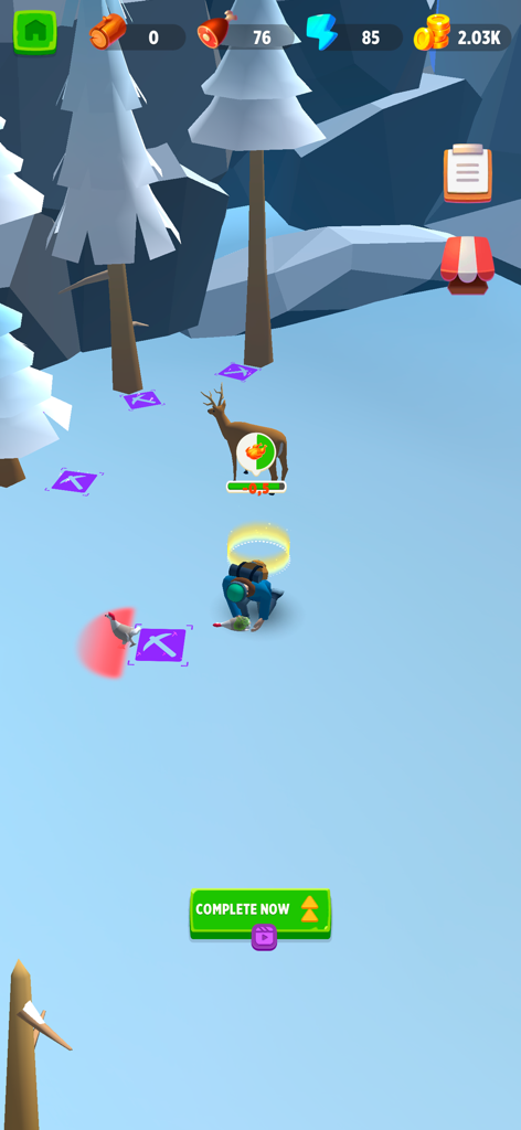 Survival Island - Build a City - サバイバルアイランドの雪深い冬の環境で鹿を狩るキャラクター。