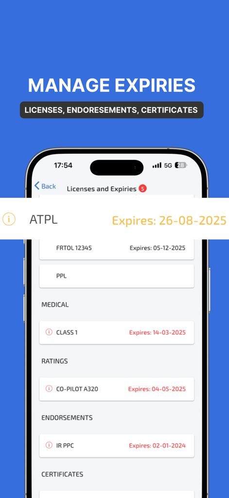 Wingman Pilot Logbook - Mobile app interface of Wingman Pilot Logbook showing tracking for pilot licenses, medical certificates, and rating expiration dates.