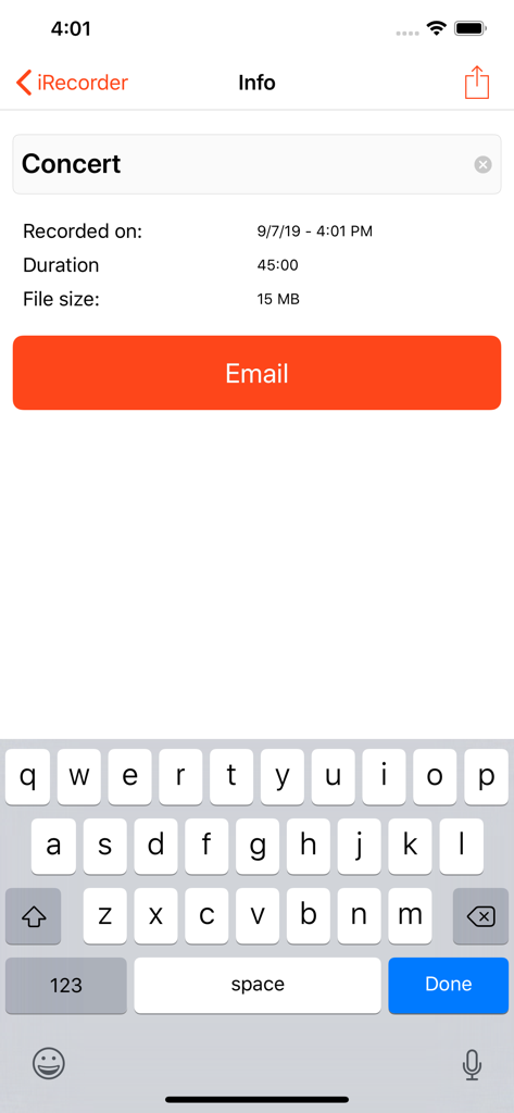 Interface showing audio recording details including title date duration and an email button