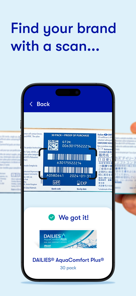 1-800 Contacts - A smartphone using the 1-800 Contacts app to scan a barcode on a box of contact lenses for quick product identification
