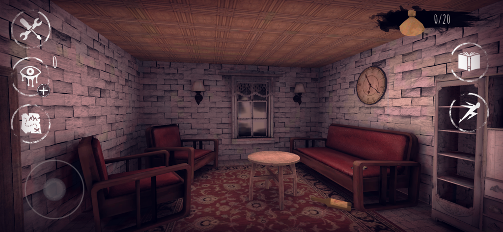 Eyes Horror & Coop Multiplayer - A dimly lit room with red furniture and horror game icons