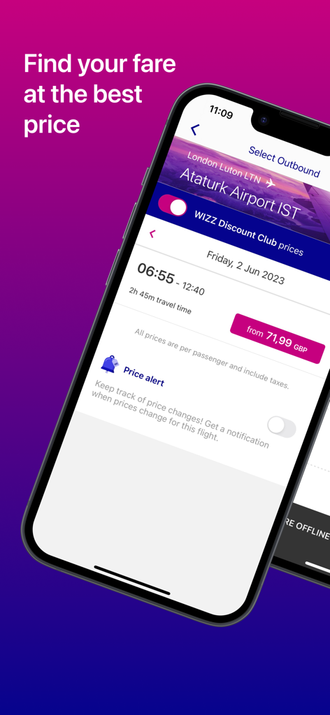 La aplicación móvil de Wizz Air mostrando resultados de búsqueda de vuelos de Londres a Estambul con opciones de tarifas bajas y alertas de precios