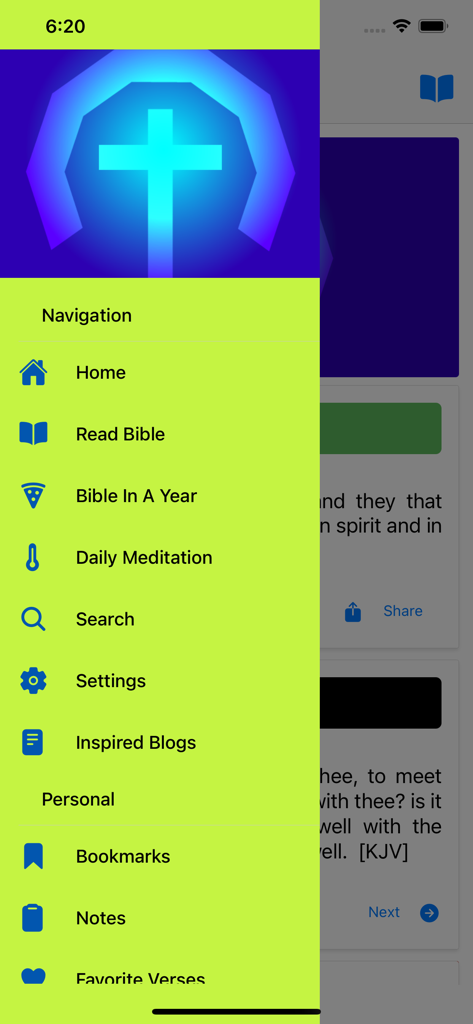 Navigation drawer of the MultiVersion Bible app showing study features and personal sections like notes and bookmarks.