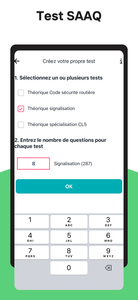 Test SAAQ - Interfaz para crear un examen de práctica personalizado del examen teórico de conducir SAAQ