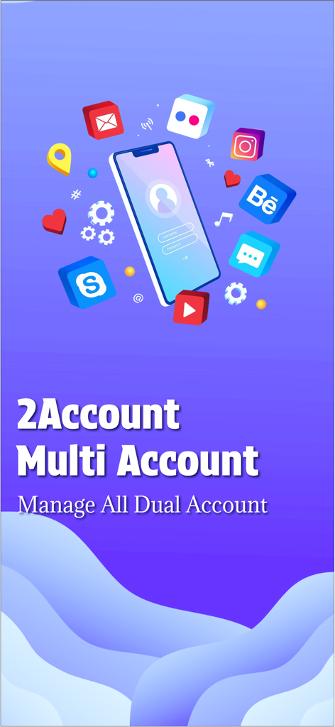 Dual Space: Multiple Parallel - App splash screen showcasing multi-account management for social media and messaging platforms on a smartphone.