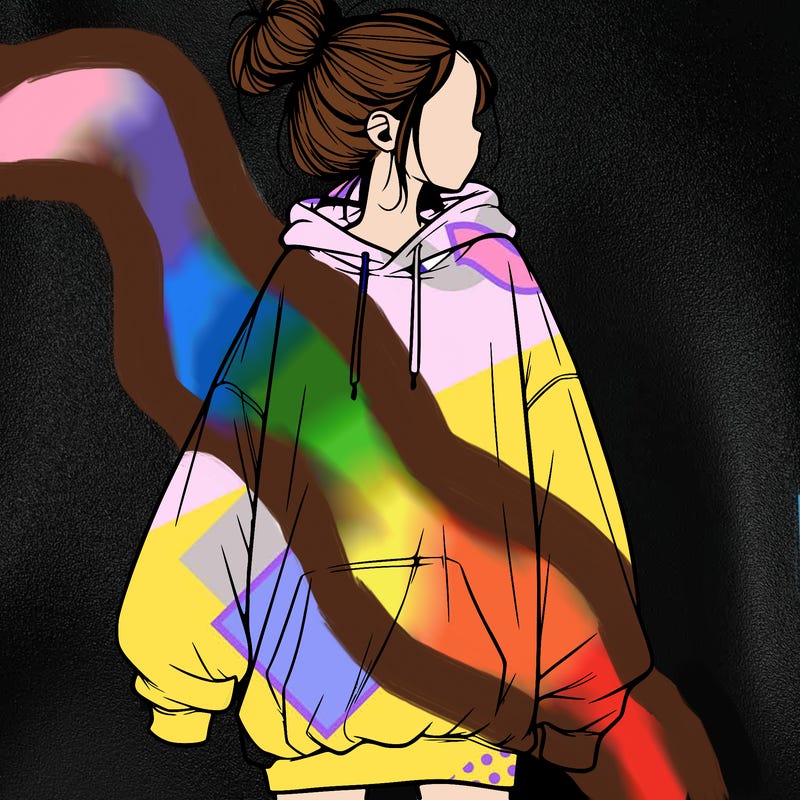 realistic girl with a oversized sweatshirt on and a bun