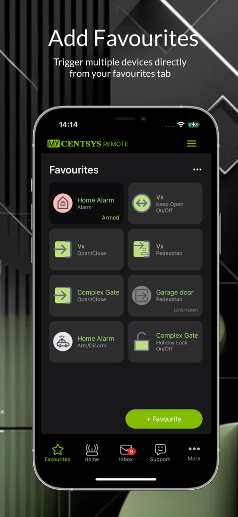 MyCentsys Remote - MyCentsys Remote app interface showing the favorites screen for gate and alarm control