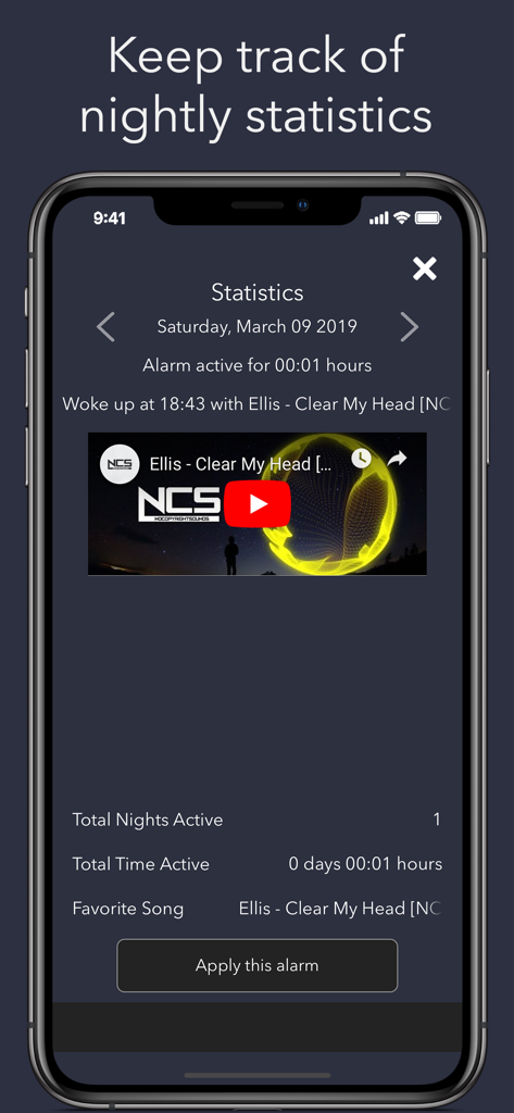 Video Alarm - Morning Routine - Interface of the Video Alarm app showing a statistics screen with sleep history and favorite wake-up videos
