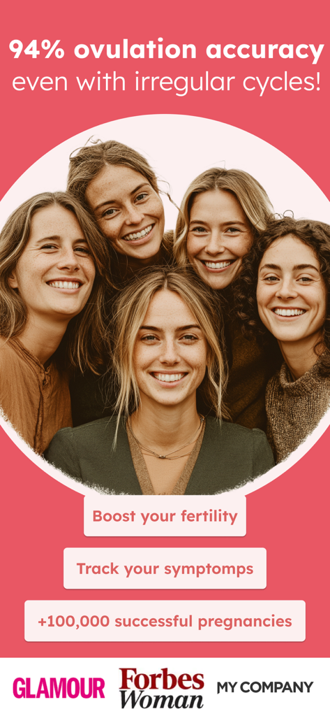 Trying to Conceive & Pregnancy - Five smiling women on a promotional graphic for OvuFriend highlighting ninety-four percent ovulation accuracy and one hundred thousand successful pregnancies.