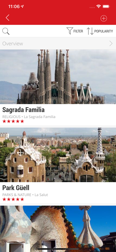 GlobusGO - Pantalla de la aplicación GlobusGO mostrando sugerencias de turismo en Barcelona, incluyendo la Sagrada Familia y el Park Güell