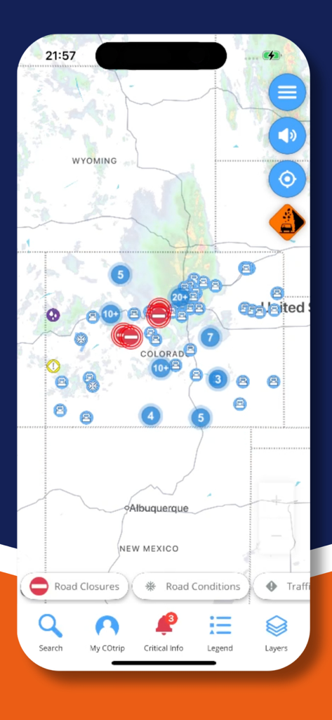 COtrip Planner - COtrip Planner app screenshot showing a real-time map of Colorado with road closures and weather conditions