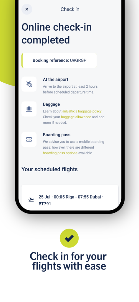 Una pantalla móvil de la aplicación airBaltic que muestra un check-in online completado para un vuelo.