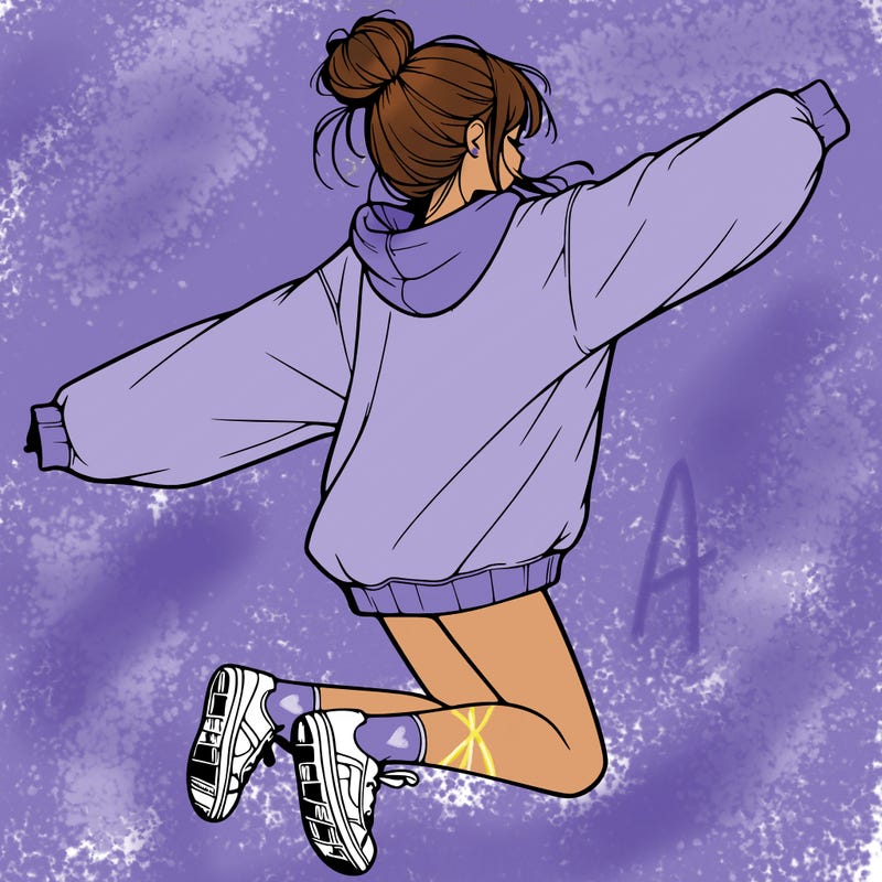 realistic girl jumping with a bun and oversized sweatshirt