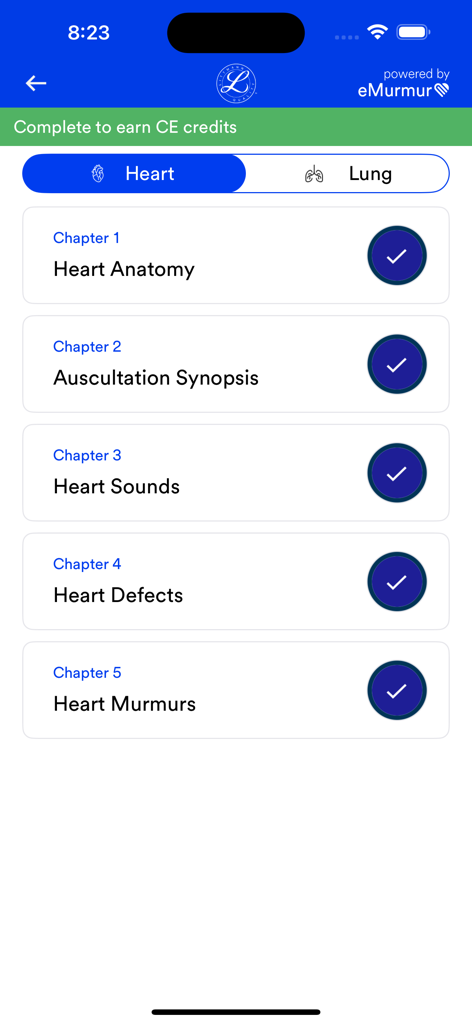 Littmann™ Learning - Interface of the Littmann Learning app showing a list of completed heart auscultation modules