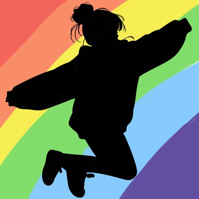 realistic girl jumping with a bun and oversized sweatshirt
