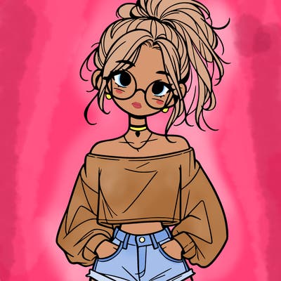 girl with a messy ponytail glasses a baggy crop top and jean shorts
