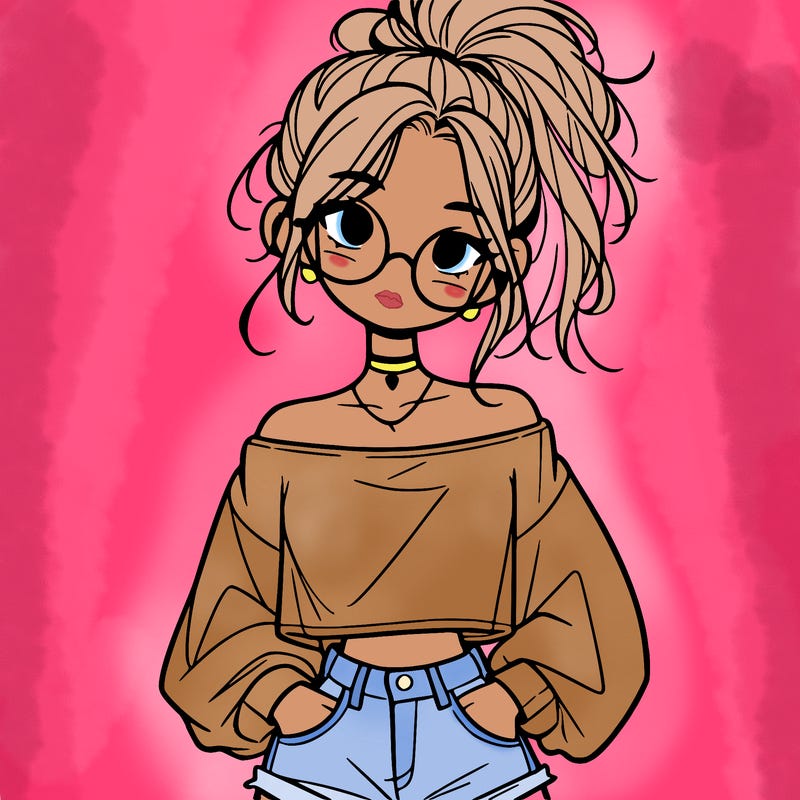 girl with a messy ponytail glasses a baggy crop top and jean shorts