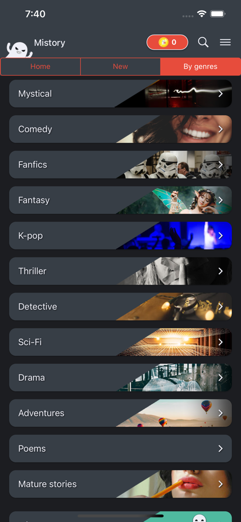 Genre selection screen in the Mistory Lite app featuring categories like Mystical Comedy Fanfics and Thriller