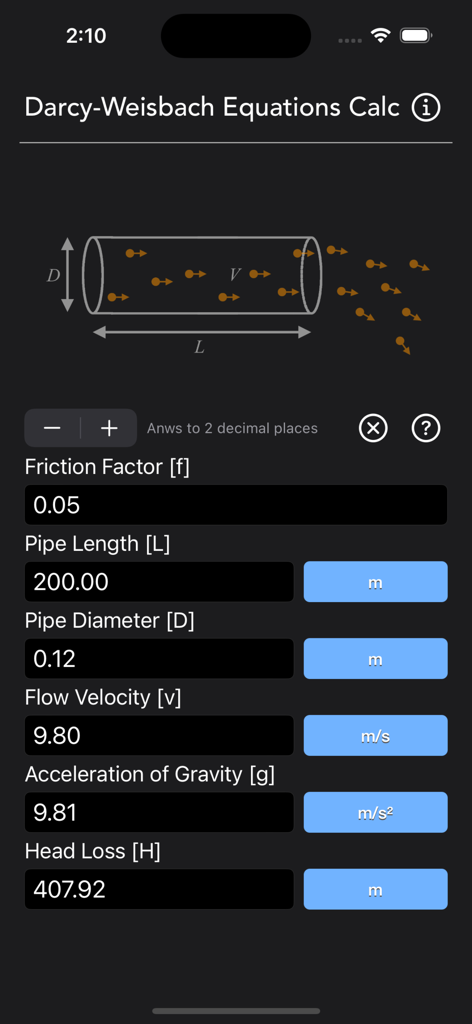 Darcy Weisbach Equations Calc app interface showing engineering inputs for friction factor pipe length and head loss results