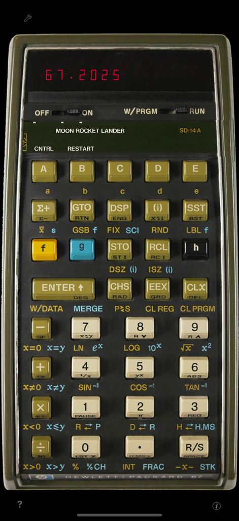 Skeuomorphic simulation of the vintage HP-67 scientific calculator with red LED display and tactile buttons