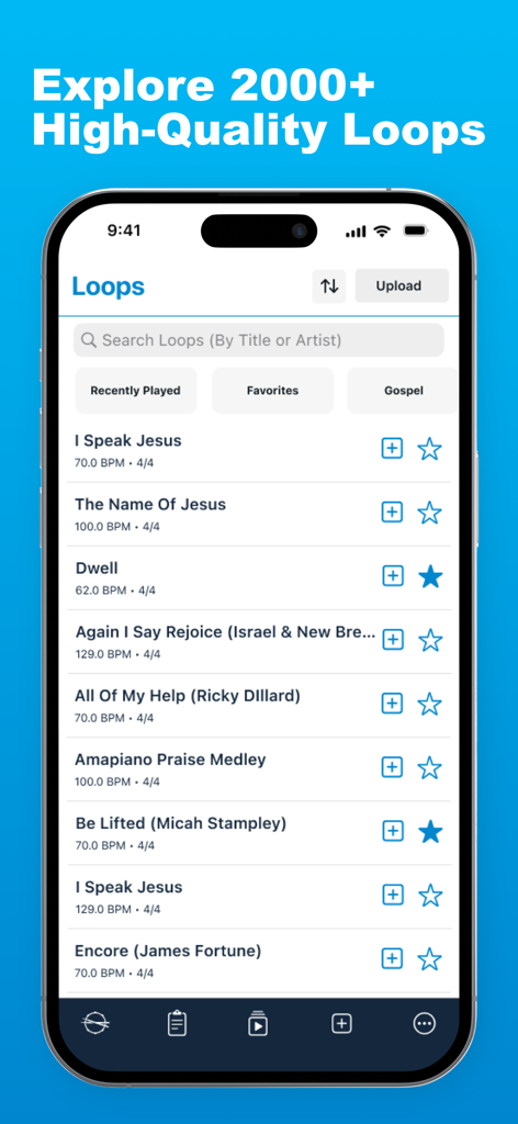 Interfaccia dell'app LiveTrackz che mostra un elenco di oltre 2000 loop musicali di alta qualità per performance dal vivo.