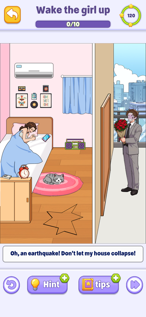 Tricky Story 2: Brain Twist - Gameplay screenshot of Tricky Story 2 showing a puzzle where a girl sleeps in her bedroom while a man waits outside with flowers.