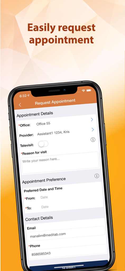 IMS Patient App request appointment screen showing form fields for provider selection and preferred date