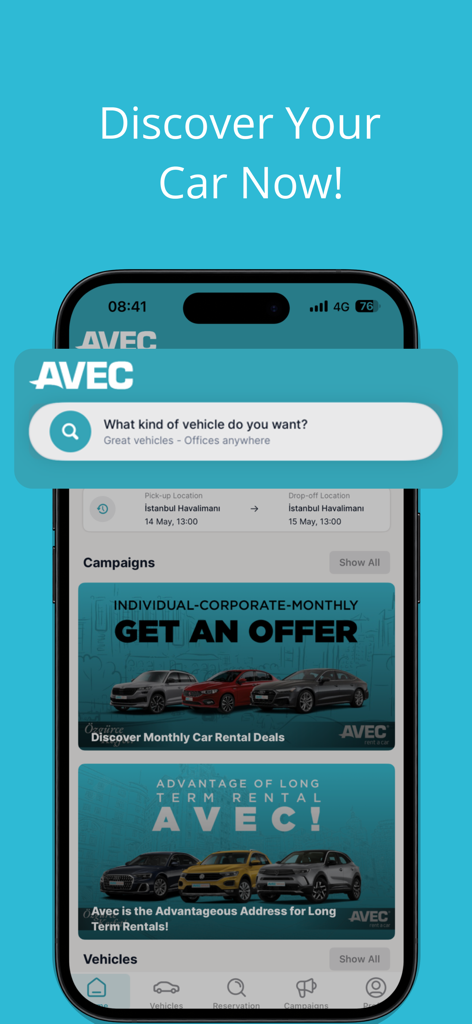 AVEC rent a car - Interface de l'application mobile AVEC rent a car montrant la recherche de véhicules et les campagnes de location de voitures.