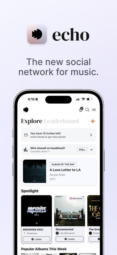 Echo - Rank music! - Echo app interface on an iPhone showing the music exploration feed with albums and polls