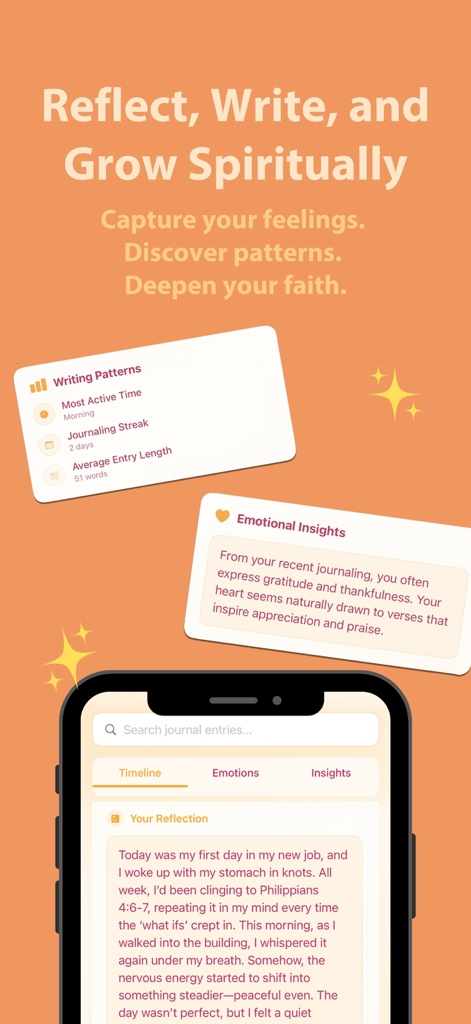 Verseful: Daily Bible & Prayer - Verseful app interface showing spiritual journaling features with emotional insights and writing patterns on a peach background