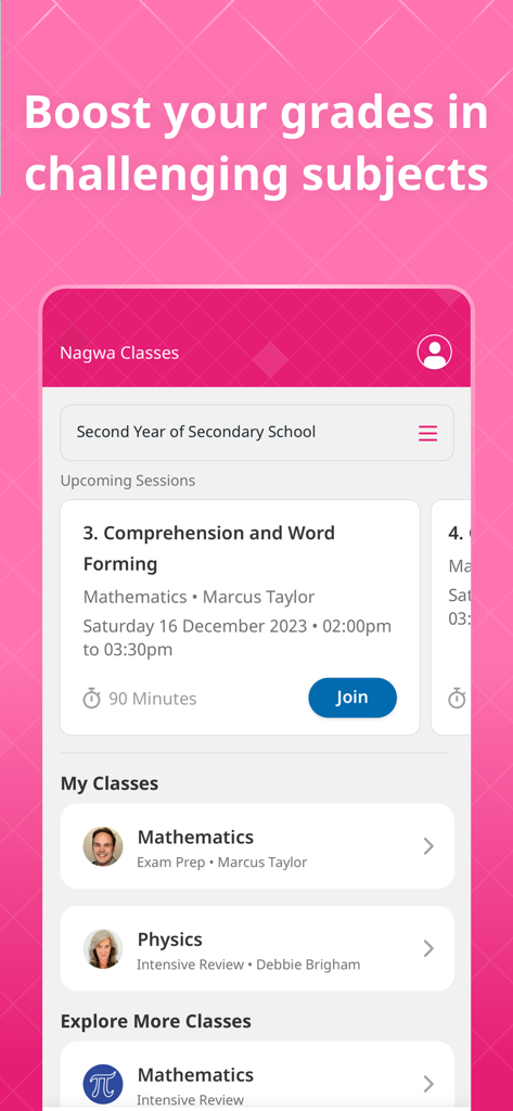 Nagwa Classes - Nagwa Classes mobile app dashboard showing upcoming tutoring sessions and enrolled subjects like Mathematics and Physics.