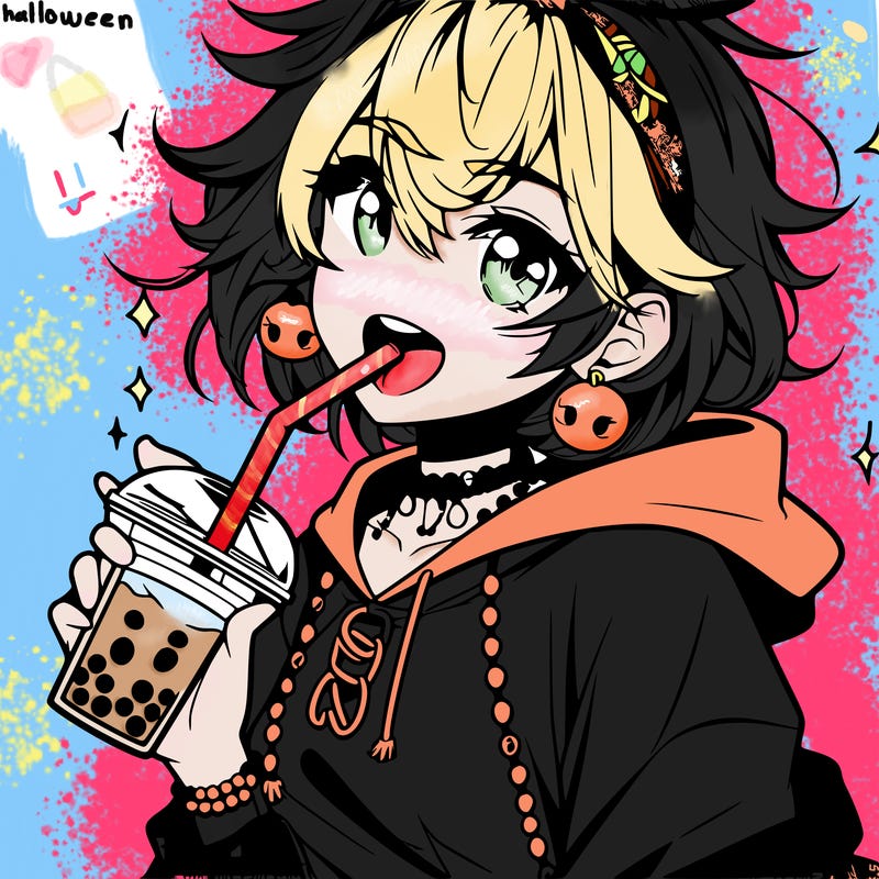 hot baddie anime girl drinking boba and biting the straw