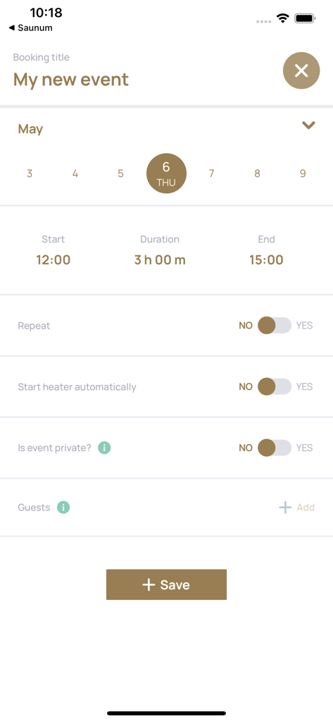 Auroom - Interface de l'application Auroom pour la planification d'une séance de sauna avec des options de chauffage automatique et de réservations privées