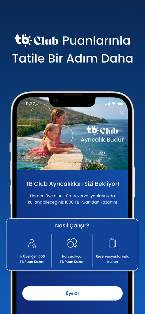 Tatilbudur app interface highlighting TB Club loyalty points and travel rewards