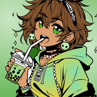 hot baddie anime girl drinking boba and biting the straw