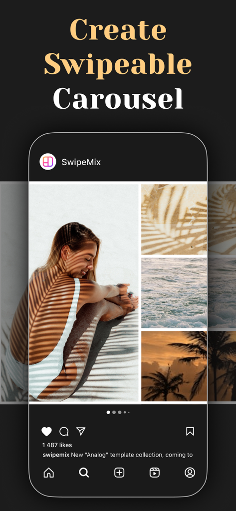 Carousel Layout Maker・SwipeMix - Mobile app interface showing a seamless swipeable Instagram carousel layout with beach and travel photos