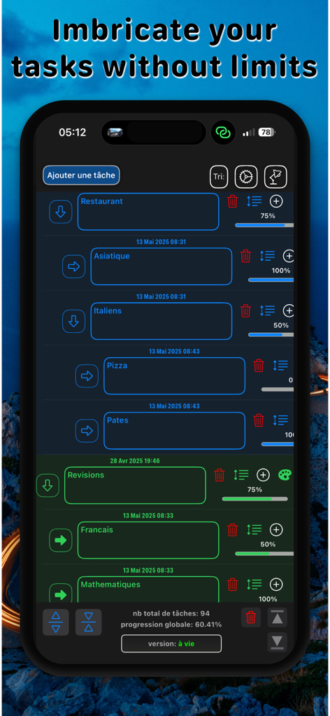 Interface de l'application Gestionnaire de tâches : Suivi des progrès affichant une liste de tâches hiérarchique avec des barres de progression visuelles et des pourcentages d'achèvement.