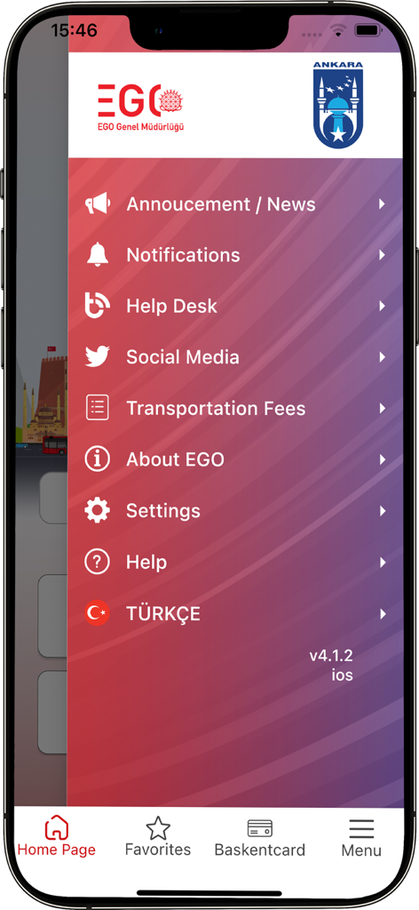 Navigation menu of the EGO CEPTE transit app showing options for news notifications settings and help desk