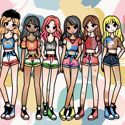 a group of girls wearing crop tops and shorts