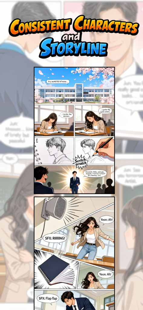 AI Comic Maker: Manga & Manhwa - Manhwa style comic panels with consistent characters and school setting storyline created with AI