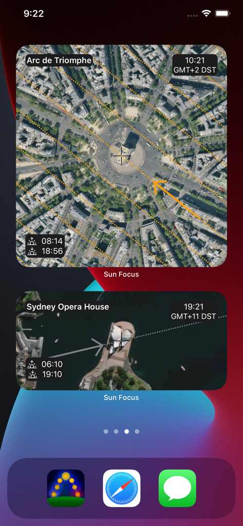 Sun Focus - iPhone home screen showing two Sun Focus widgets with sun path maps for Arc de Triomphe and Sydney Opera House