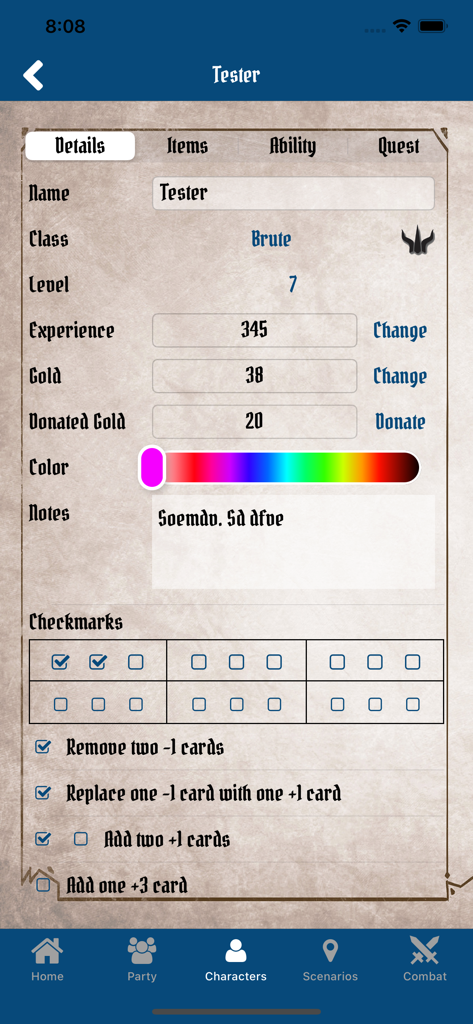 Gloomhaven Campaign Tracker - Character detail screen in the Gloomhaven Campaign Tracker app displaying stats for a Brute class hero