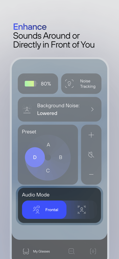 Nuance Audio app interface with background noise management and frontal audio mode settings