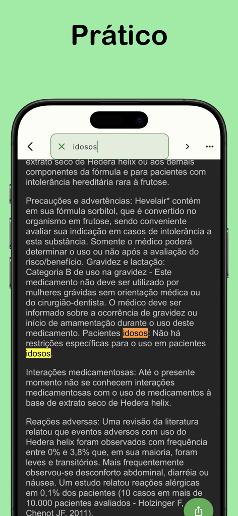 Guia de Bulas - Tela de busca do aplicativo Guia de Bulas destacando a palavra idosos em um guia de medicamento