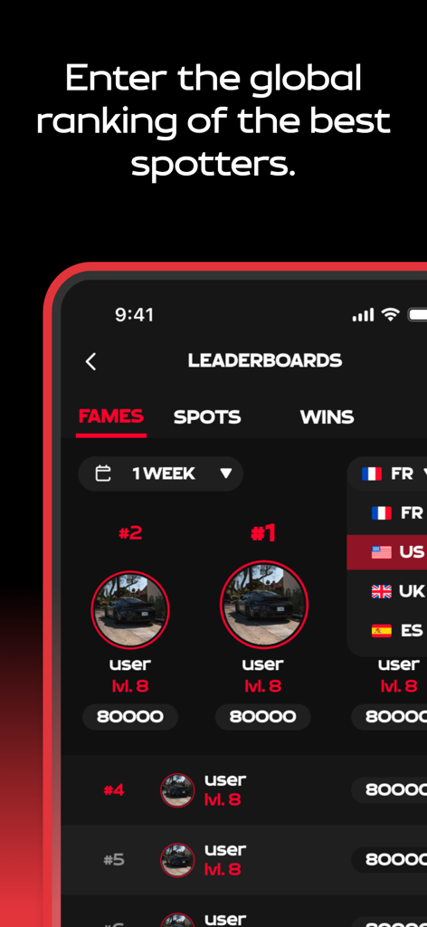 The Club (Carspotting app) - A mobile app screen showing a leaderboard with global rankings for car spotters.